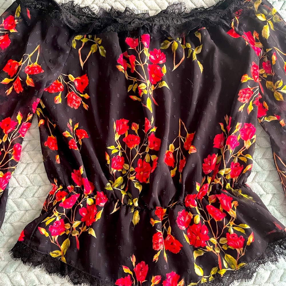 NBD Red Floral lace ruffle blouse